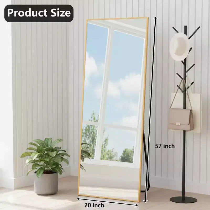 MAYEERTY Aluminum Full-Length Mirror 57x20in, Gold, Right Angle, Tempered Glass, With Stand