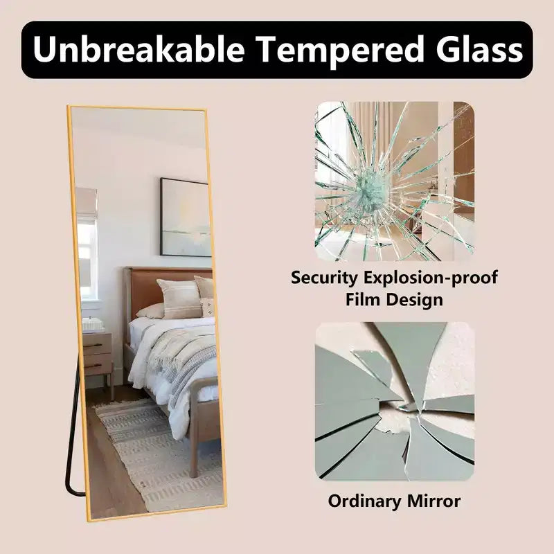 MAYEERTY Aluminum Full-Length Mirror 57x20in, Gold, Right Angle, Tempered Glass, With Stand
