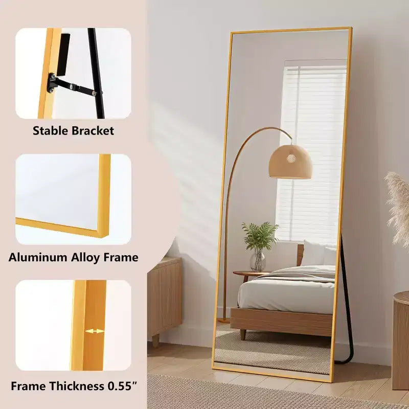 MAYEERTY Aluminum Full-Length Mirror 57x20in, Gold, Right Angle, Tempered Glass, With Stand