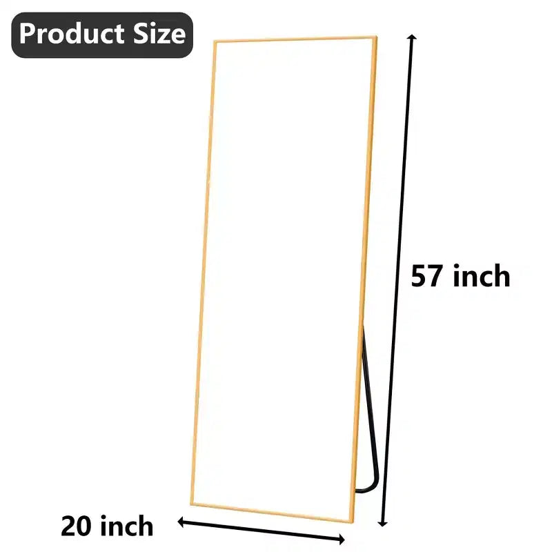 MAYEERTY Aluminum Full-Length Mirror 57x20in, Gold, Right Angle, Tempered Glass, With Stand