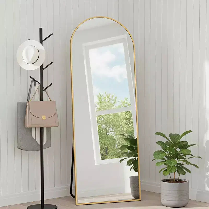 MAYEERTY Aluminum Full-Length Mirror 57x20in, Gold, Arch Shape, Tempered Glass, With Stand