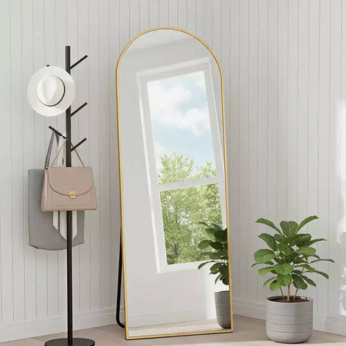 MAYEERTY Aluminum Full-Length Mirror 57x20in, Gold, Arch Shape, Tempered Glass, With Stand