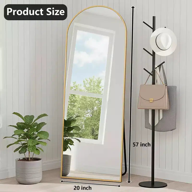 MAYEERTY Aluminum Full-Length Mirror 57x20in, Gold, Arch Shape, Tempered Glass, With Stand