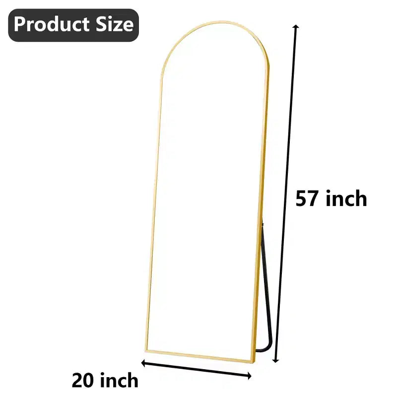 MAYEERTY Aluminum Full-Length Mirror 57x20in, Gold, Arch Shape, Tempered Glass, With Stand