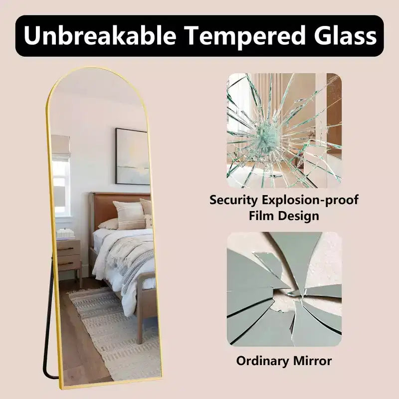 MAYEERTY Aluminum Full-Length Mirror 57x20in, Gold, Arch Shape, Tempered Glass, With Stand