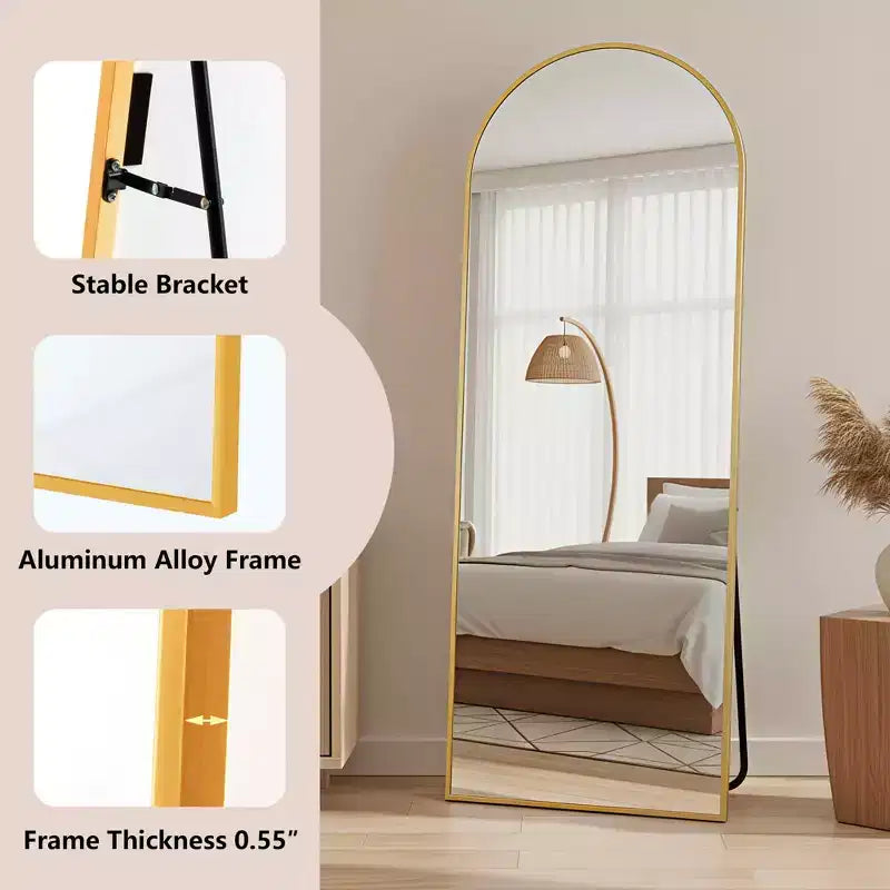 MAYEERTY Aluminum Full-Length Mirror 57x20in, Gold, Arch Shape, Tempered Glass, With Stand