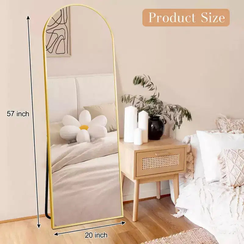 MAYEERTY Aluminum Full-Length Mirror 57x20in, Gold, Arch Shape, Tempered Glass, With Stand