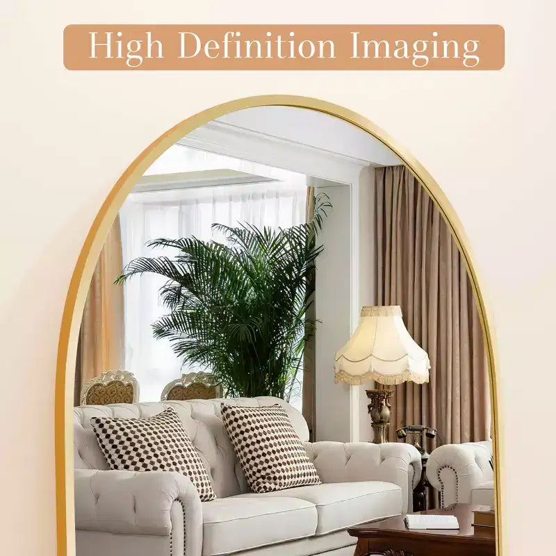 MAYEERTY Aluminum Full-Length Mirror 57x20in, Gold, Arch Shape, Tempered Glass, With Stand
