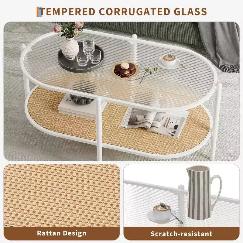 Coffee table, double-layered rattan with tempered glass top, water ripple glass, bohemian style, suitable for living room, office, and home decor.