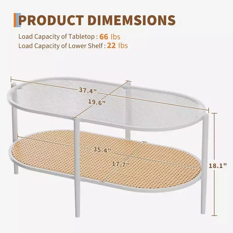 Coffee table, double-layered rattan with tempered glass top, water ripple glass, bohemian style, suitable for living room, office, and home decor.