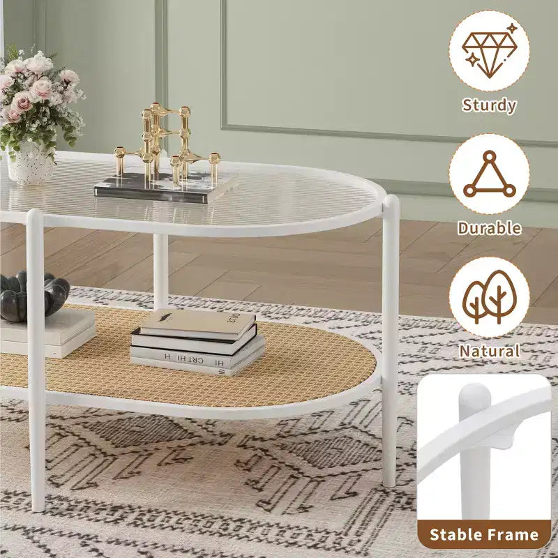 Coffee table, double-layered rattan with tempered glass top, water ripple glass, bohemian style, suitable for living room, office, and home decor.