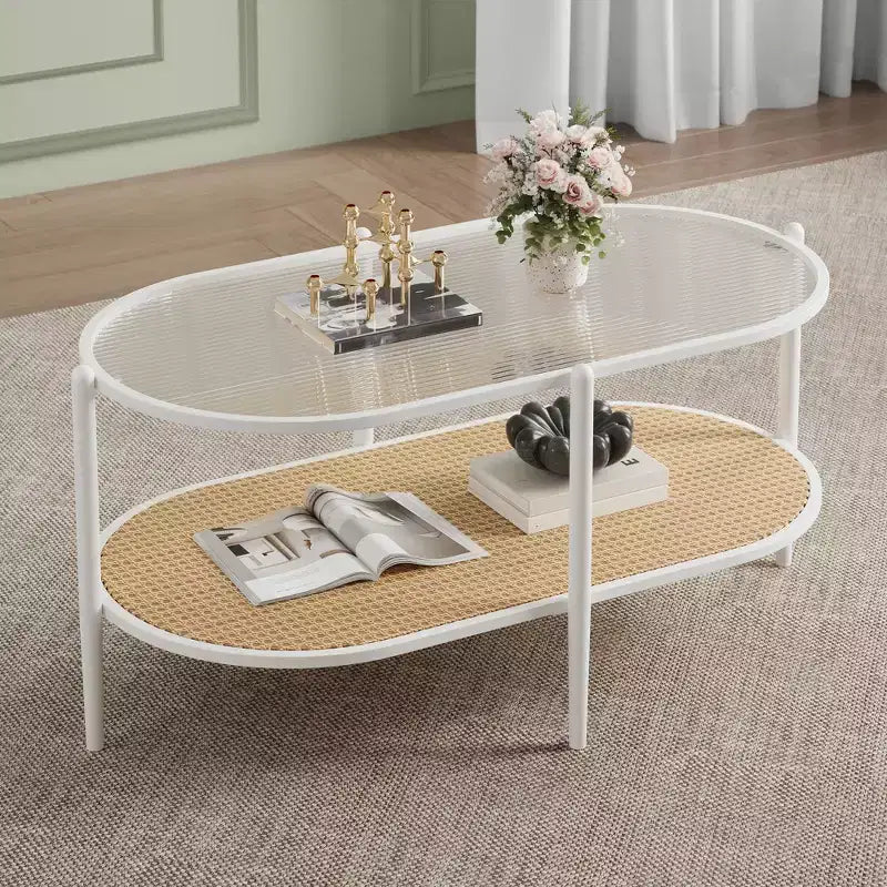 Coffee table, double-layered rattan with tempered glass top, water ripple glass, bohemian style, suitable for living room, office, and home decor.