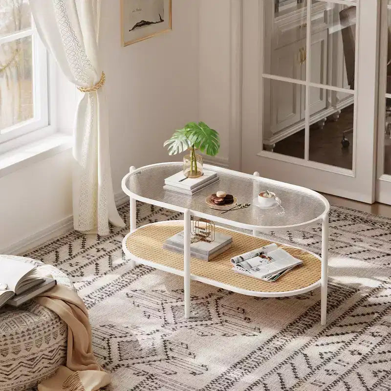 Coffee table, double-layered rattan with tempered glass top, water ripple glass, bohemian style, suitable for living room, office, and home decor.