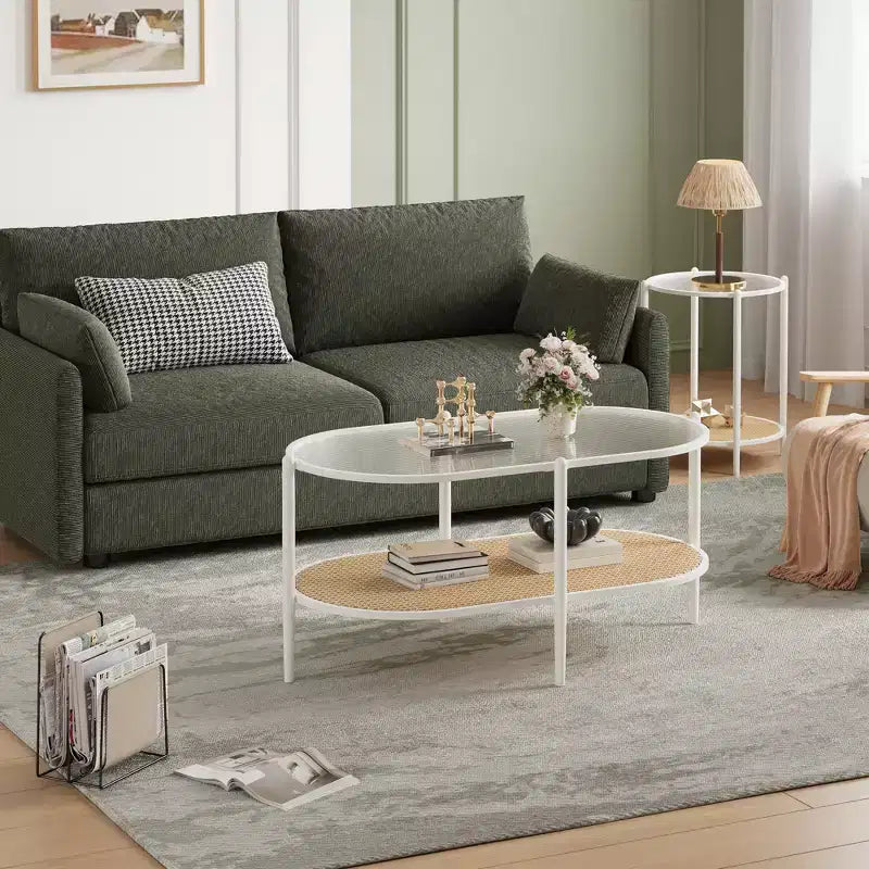 Coffee table, double-layered rattan with tempered glass top, water ripple glass, bohemian style, suitable for living room, office, and home decor.