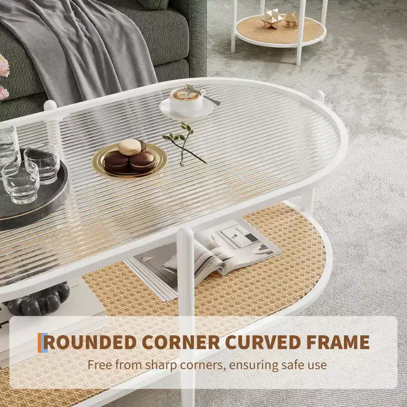 Coffee table, double-layered rattan with tempered glass top, water ripple glass, bohemian style, suitable for living room, office, and home decor.