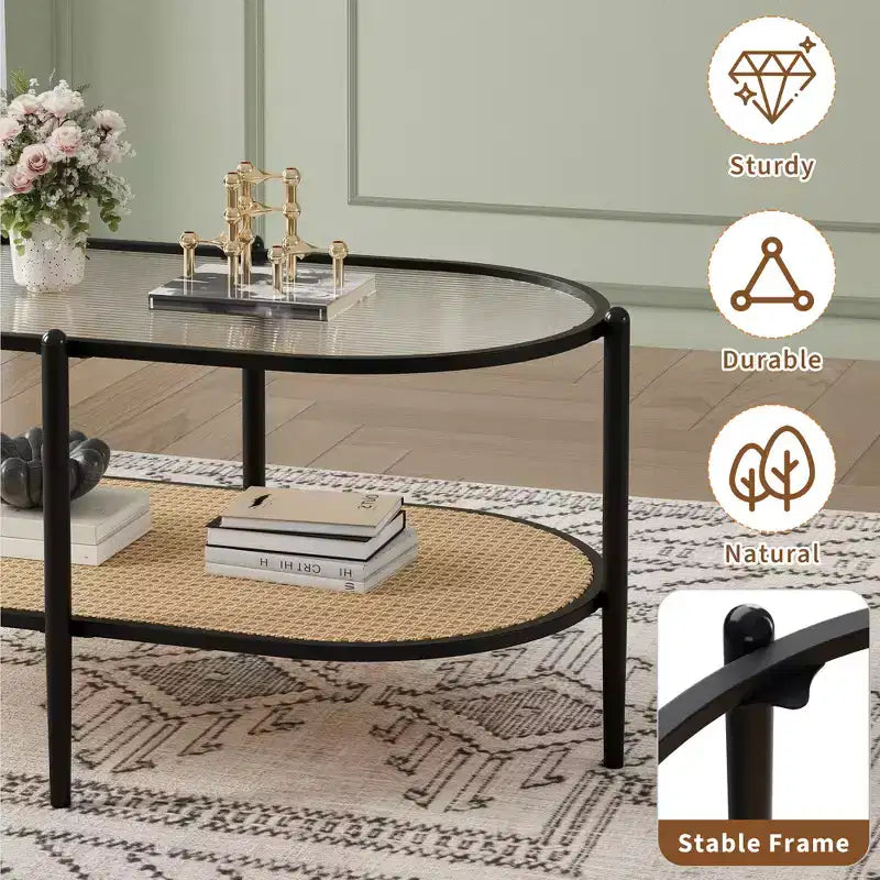 Coffee table, double-layered rattan with tempered glass top, water ripple glass, bohemian style, suitable for living room, office, and home decor.