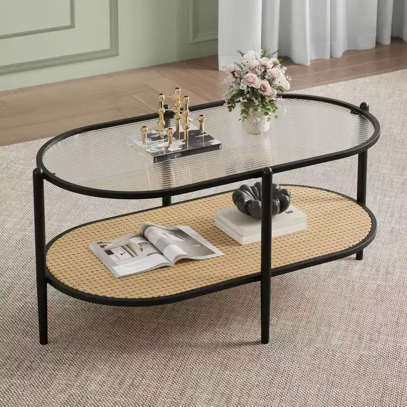 Coffee table, double-layered rattan with tempered glass top, water ripple glass, bohemian style, suitable for living room, office, and home decor.