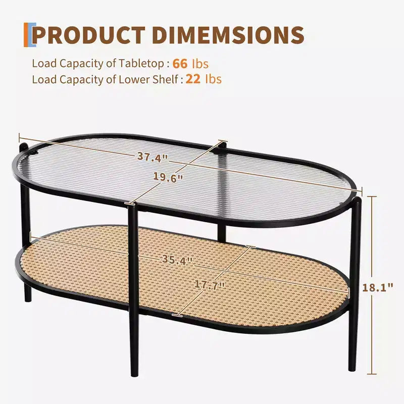 Coffee table, double-layered rattan with tempered glass top, water ripple glass, bohemian style, suitable for living room, office, and home decor.