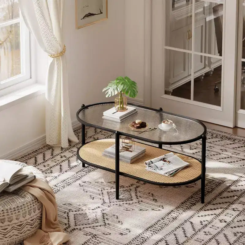 Coffee table, double-layered rattan with tempered glass top, water ripple glass, bohemian style, suitable for living room, office, and home decor.