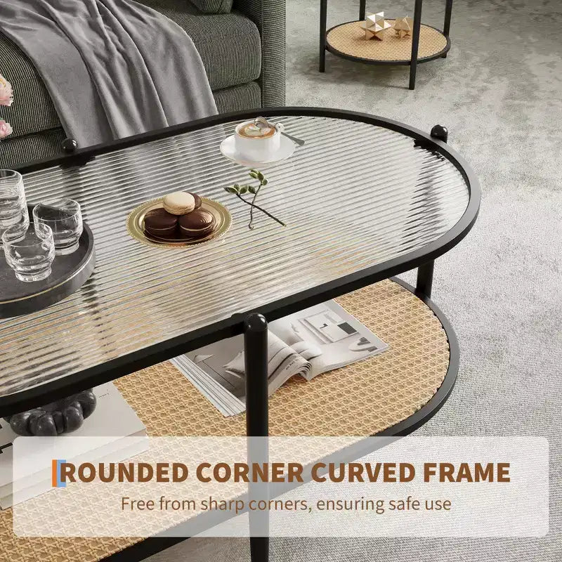 Coffee table, double-layered rattan with tempered glass top, water ripple glass, bohemian style, suitable for living room, office, and home decor.