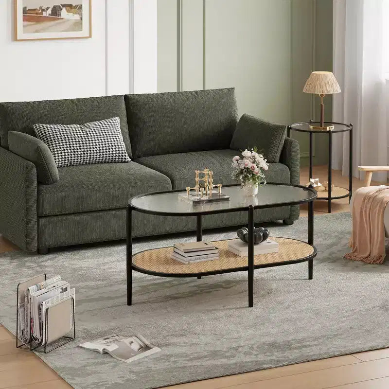 Coffee table, double-layered rattan with tempered glass top, water ripple glass, bohemian style, suitable for living room, office, and home decor.