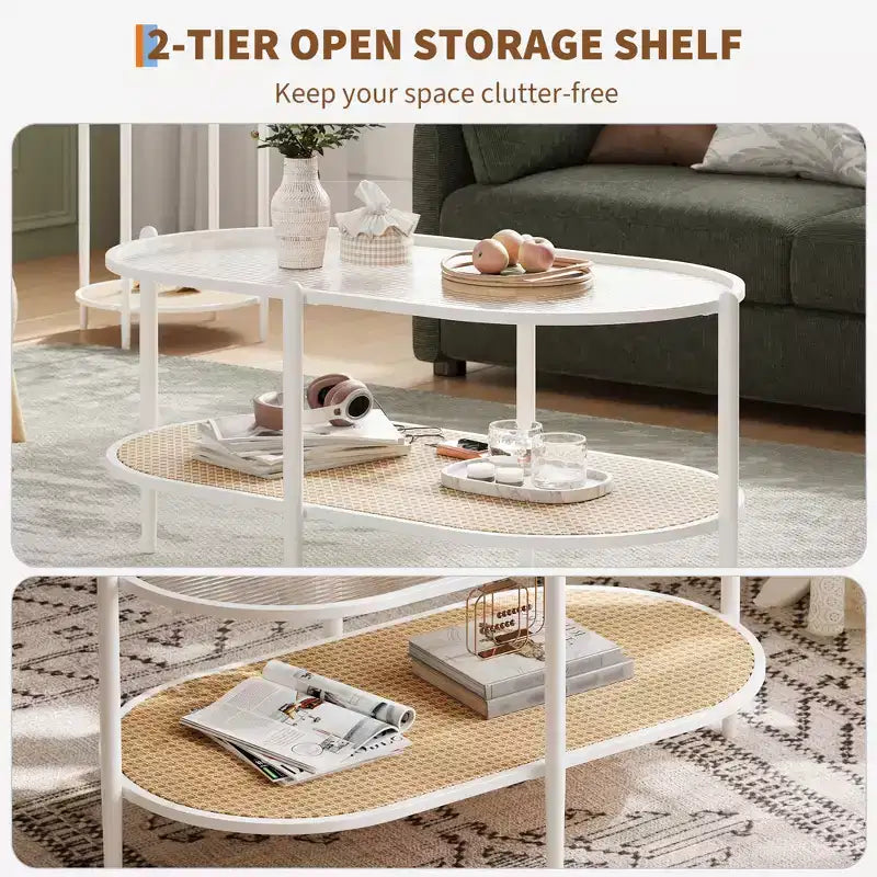 Coffee table, double-layered rattan with tempered glass top, water ripple glass, bohemian style, suitable for living room, office, and home decor.