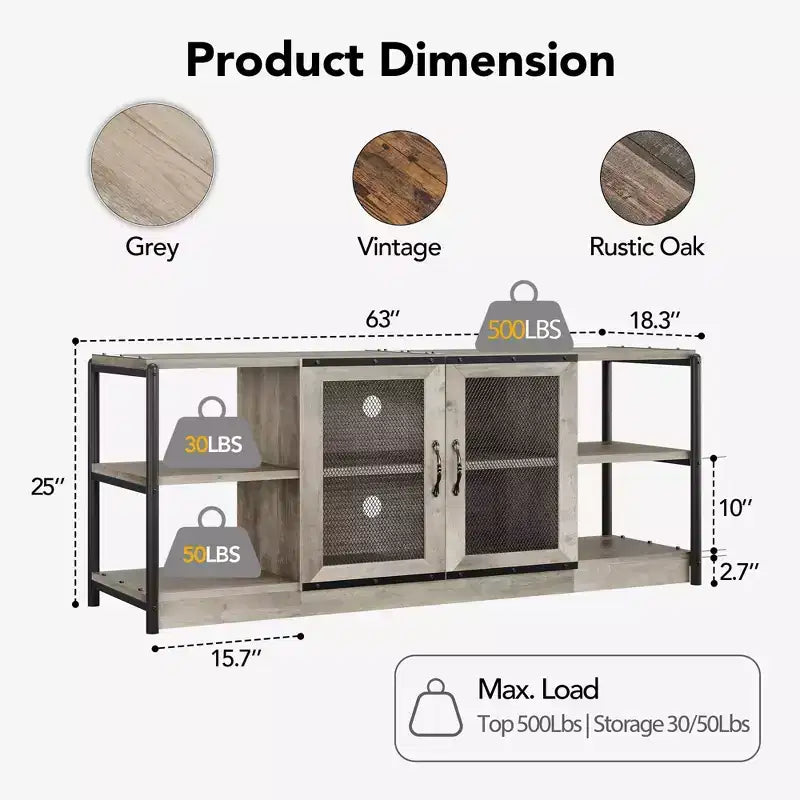 TV stand, suitable for TVs 65 inches and above, with mesh doors and shelves, rustic style, storage function, living room furniture.