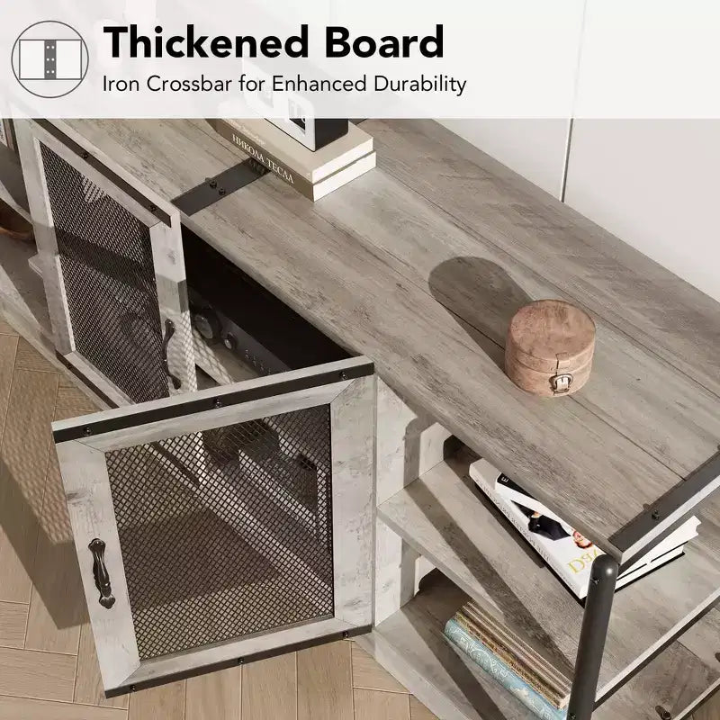TV stand, suitable for TVs 65 inches and above, with mesh doors and shelves, rustic style, storage function, living room furniture.