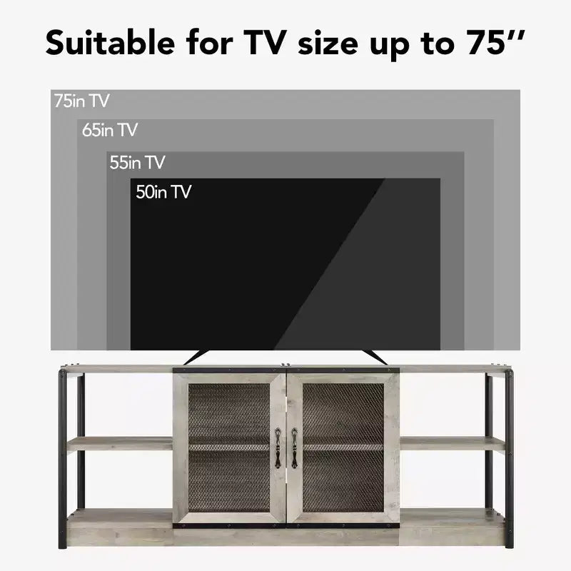 TV stand, suitable for TVs 65 inches and above, with mesh doors and shelves, rustic style, storage function, living room furniture.