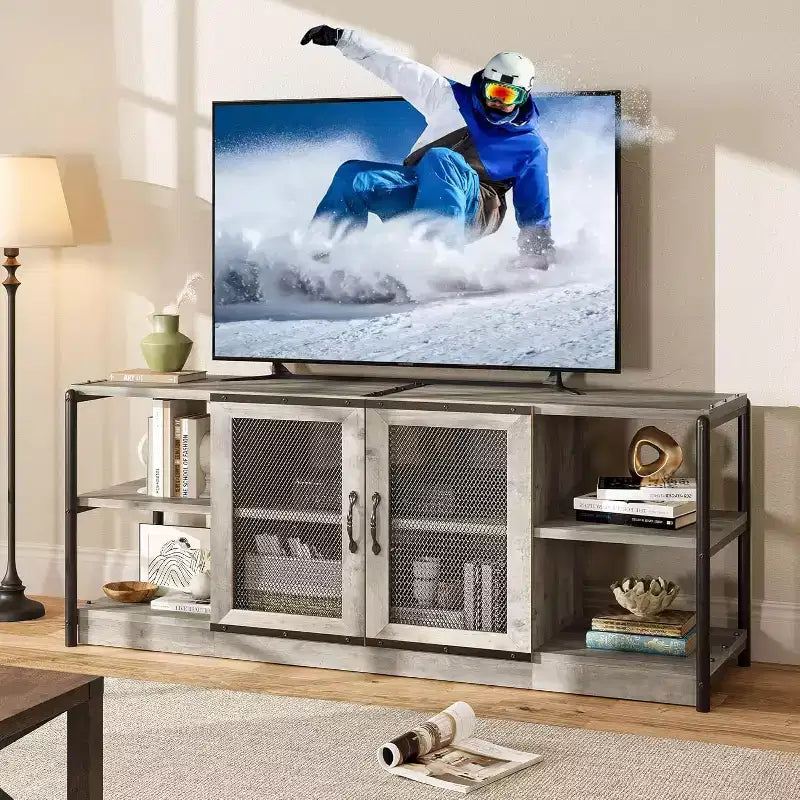 TV stand, suitable for TVs 65 inches and above, with mesh doors and shelves, rustic style, storage function, living room furniture.