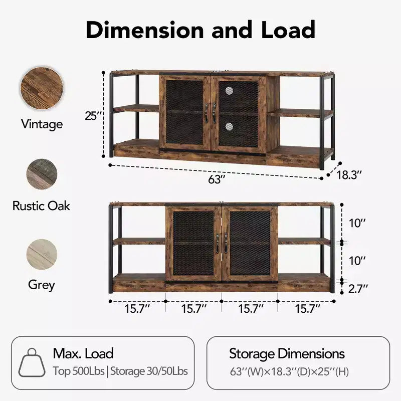 TV stand, suitable for TVs 65 inches and above, with mesh doors and shelves, rustic style, storage function, living room furniture.