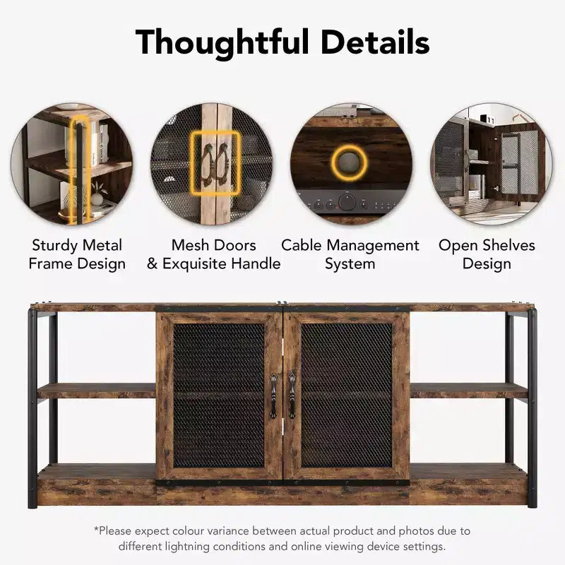 TV stand, suitable for TVs 65 inches and above, with mesh doors and shelves, rustic style, storage function, living room furniture.