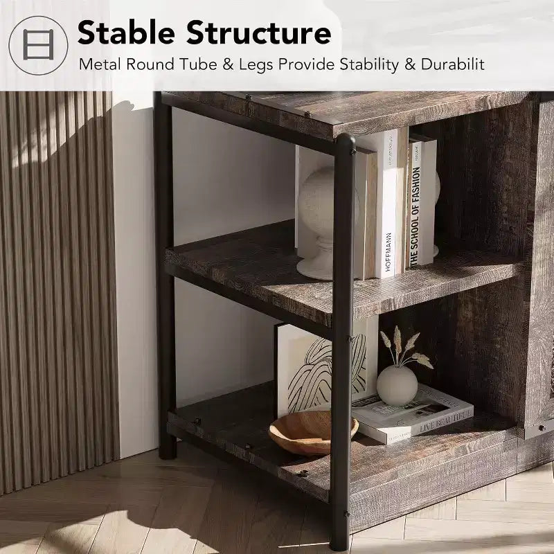 TV stand, suitable for TVs 65 inches and above, with mesh doors and shelves, rustic style, storage function, living room furniture.