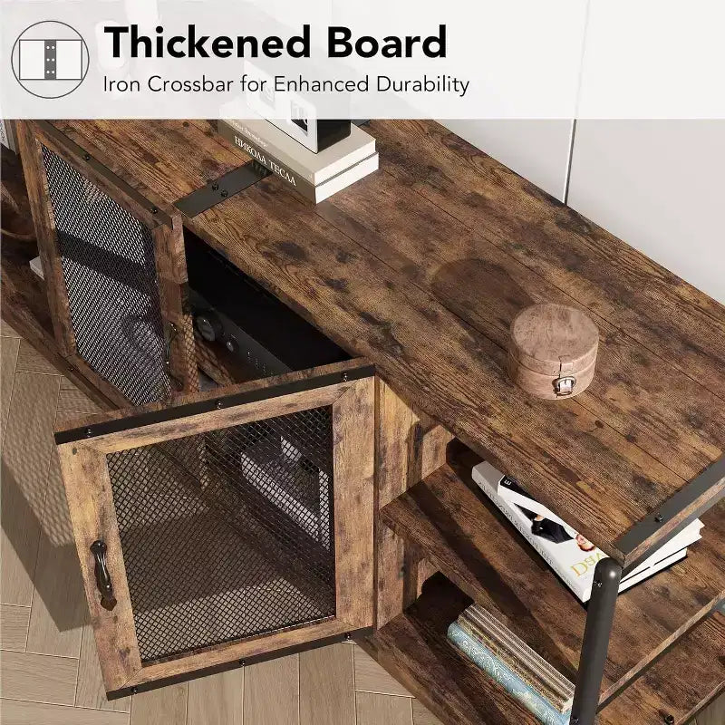 TV stand, suitable for TVs 65 inches and above, with mesh doors and shelves, rustic style, storage function, living room furniture.