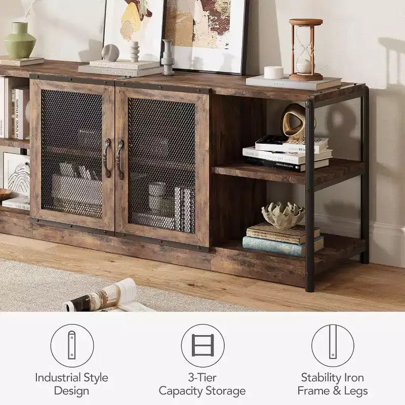 TV stand, suitable for TVs 65 inches and above, with mesh doors and shelves, rustic style, storage function, living room furniture.