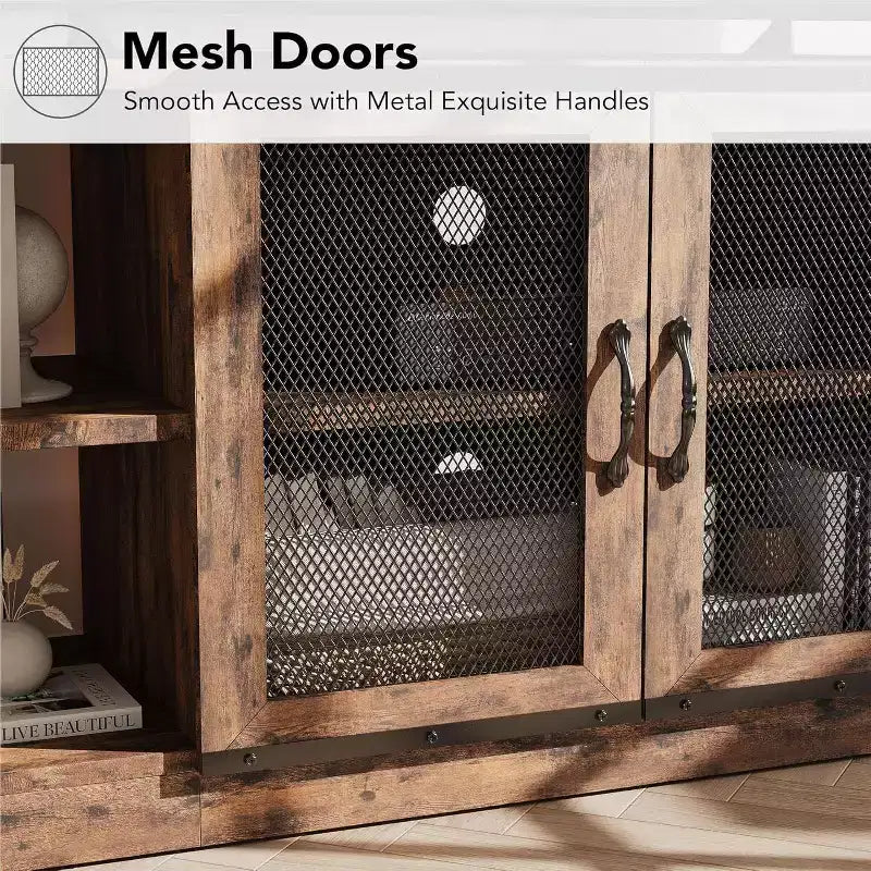 TV stand, suitable for TVs 65 inches and above, with mesh doors and shelves, rustic style, storage function, living room furniture.