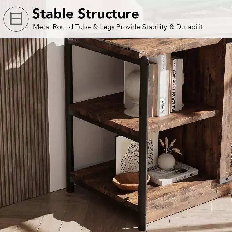 TV stand, suitable for TVs 65 inches and above, with mesh doors and shelves, rustic style, storage function, living room furniture.