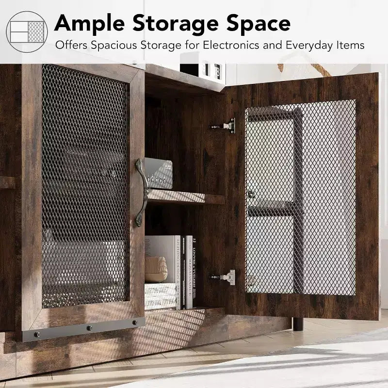 TV stand, suitable for TVs 65 inches and above, with mesh doors and shelves, rustic style, storage function, living room furniture.