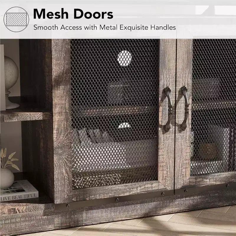 TV stand, suitable for TVs 65 inches and above, with mesh doors and shelves, rustic style, storage function, living room furniture.