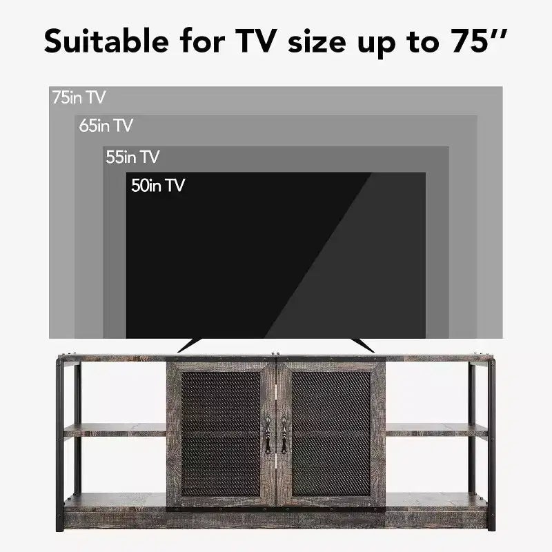 TV stand, suitable for TVs 65 inches and above, with mesh doors and shelves, rustic style, storage function, living room furniture.