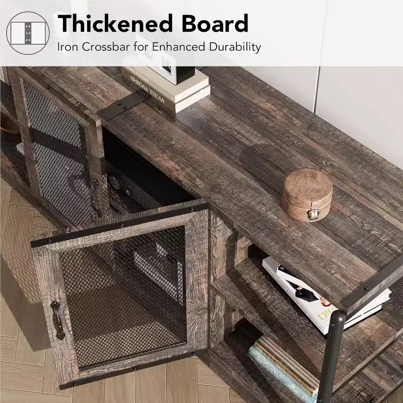 TV stand, suitable for TVs 65 inches and above, with mesh doors and shelves, rustic style, storage function, living room furniture.