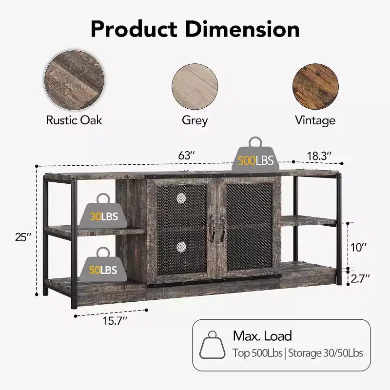 TV stand, suitable for TVs 65 inches and above, with mesh doors and shelves, rustic style, storage function, living room furniture.