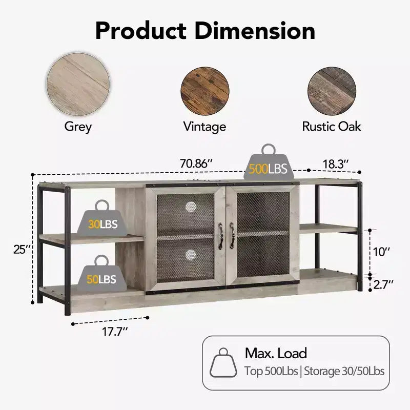 TV stand, suitable for TVs 65 inches and above, with mesh doors and shelves, rustic style, storage function, living room furniture.