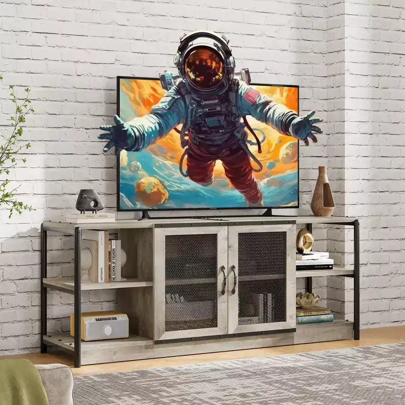 TV stand, suitable for TVs 65 inches and above, with mesh doors and shelves, rustic style, storage function, living room furniture.