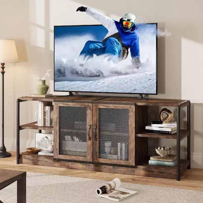 TV stand, suitable for TVs 65 inches and above, with mesh doors and shelves, rustic style, storage function, living room furniture.