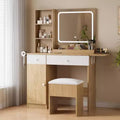Vanity Table with LED Lights & Charging Station Makeup Table with Mirror, Drawers, Storage Stool & Power Outlets