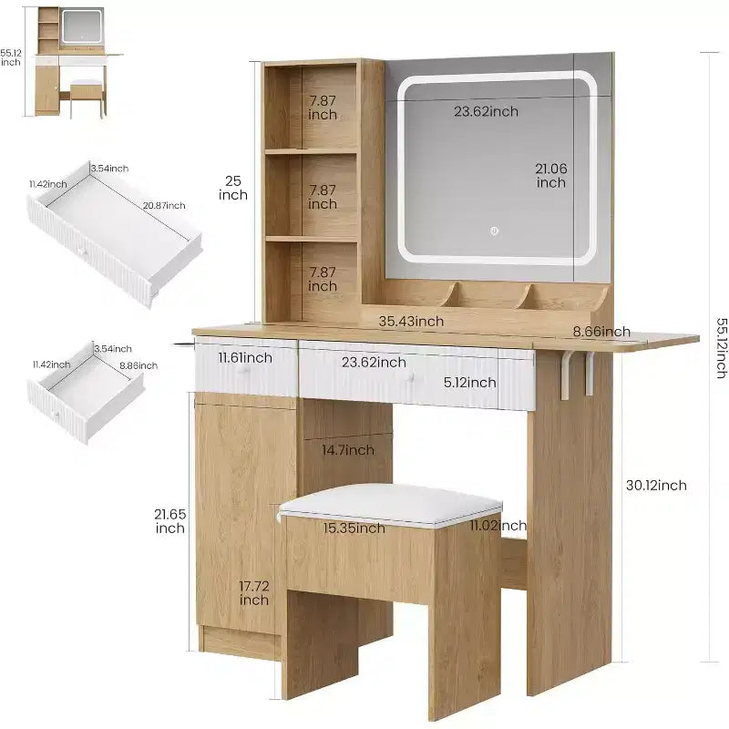 Vanity Table with LED Lights & Charging Station Makeup Table with Mirror, Drawers, Storage Stool & Power Outlets