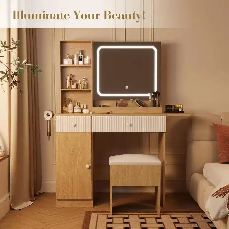 Vanity Table with LED Lights & Charging Station Makeup Table with Mirror, Drawers, Storage Stool & Power Outlets