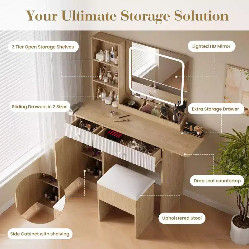 Vanity Table with LED Lights & Charging Station Makeup Table with Mirror, Drawers, Storage Stool & Power Outlets