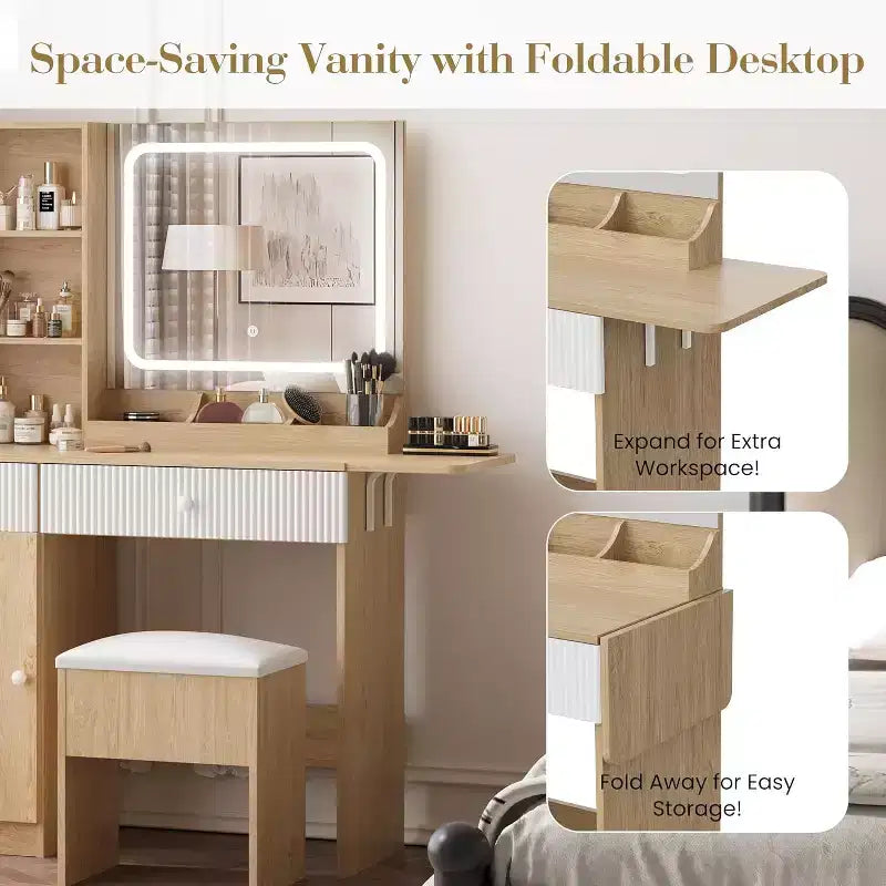 Vanity Table with LED Lights & Charging Station Makeup Table with Mirror, Drawers, Storage Stool & Power Outlets
